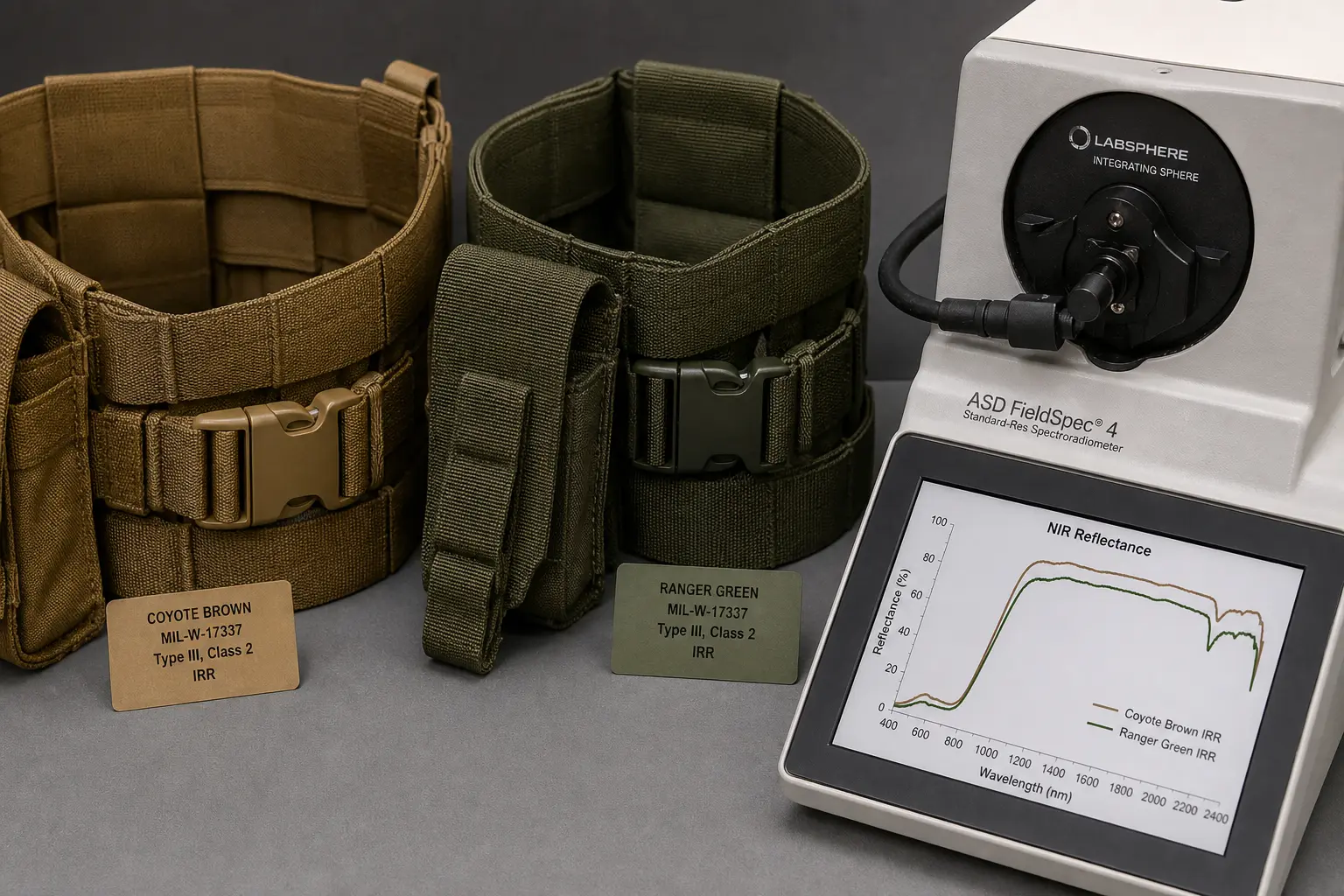 Military IRR webbing in Coyote Brown and Ranger Green next to a spectrophotometer showing NIR reflectance curve.