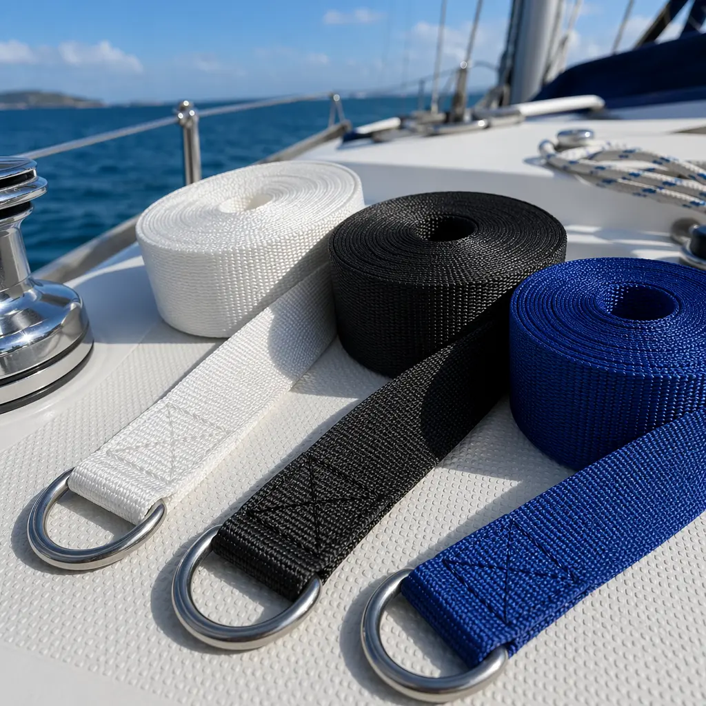 Polyester marine webbing rolls with stainless steel D-rings on a sailboat deck for outdoor and saltwater applications.