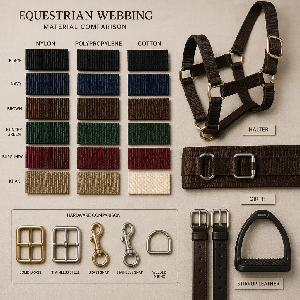 Equestrian webbing in nylon, polypropylene, and cotton samples arranged with horse halter, girth, and stirrup leather hardware for comparison.