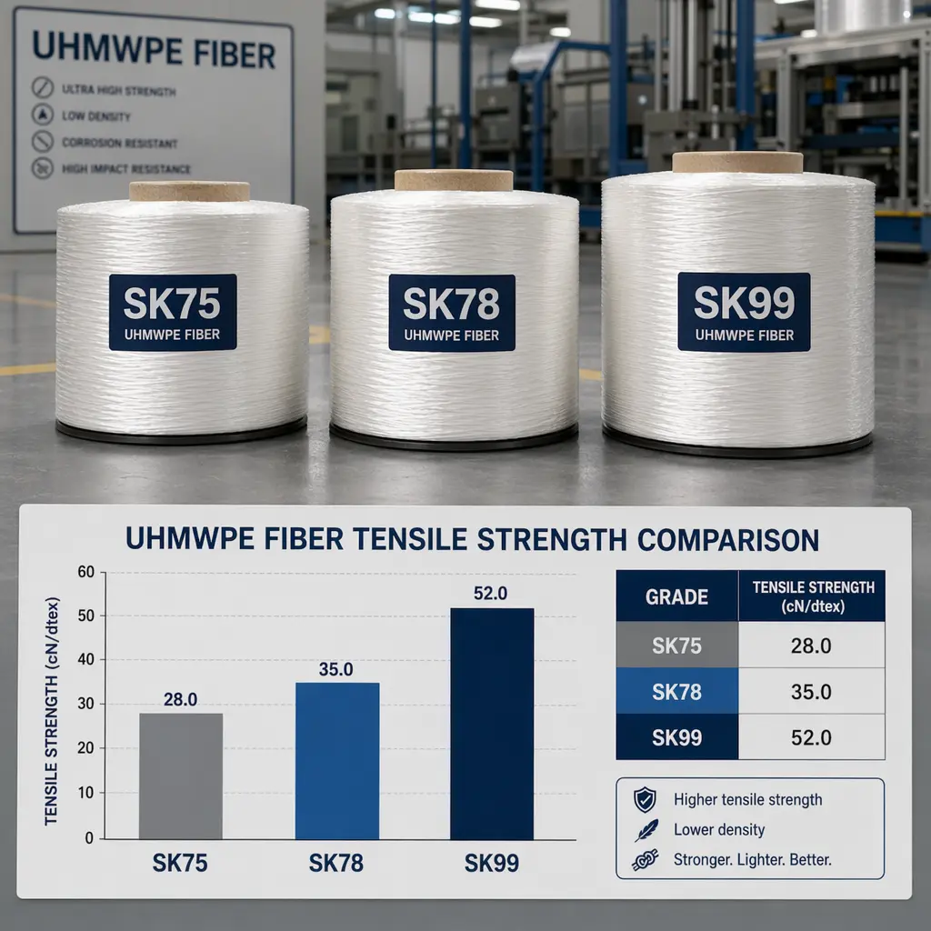 Three spools of UHMWPE fiber labeled SK75, SK78, and SK99 with a tensile test chart comparing strength and creep rates across grades.