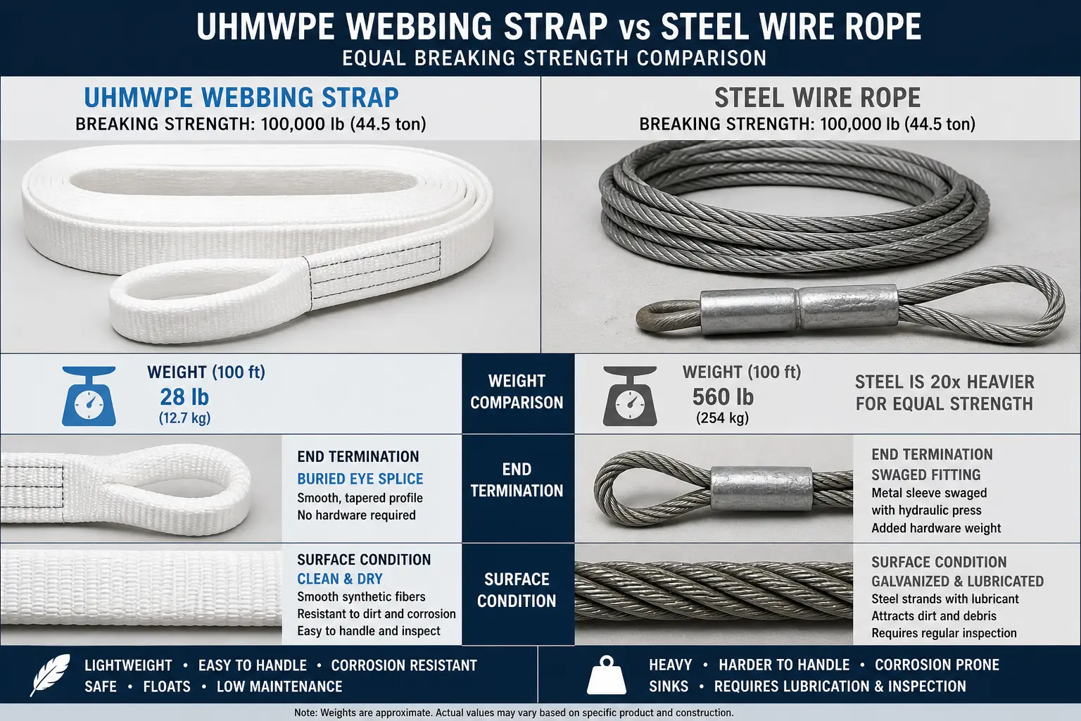 Side-by-side comparison of UHMWPE webbing strap and steel wire rope at equal breaking strength, showing weight difference, end terminations (buried eye splice vs swaged fitting), and surface condition.