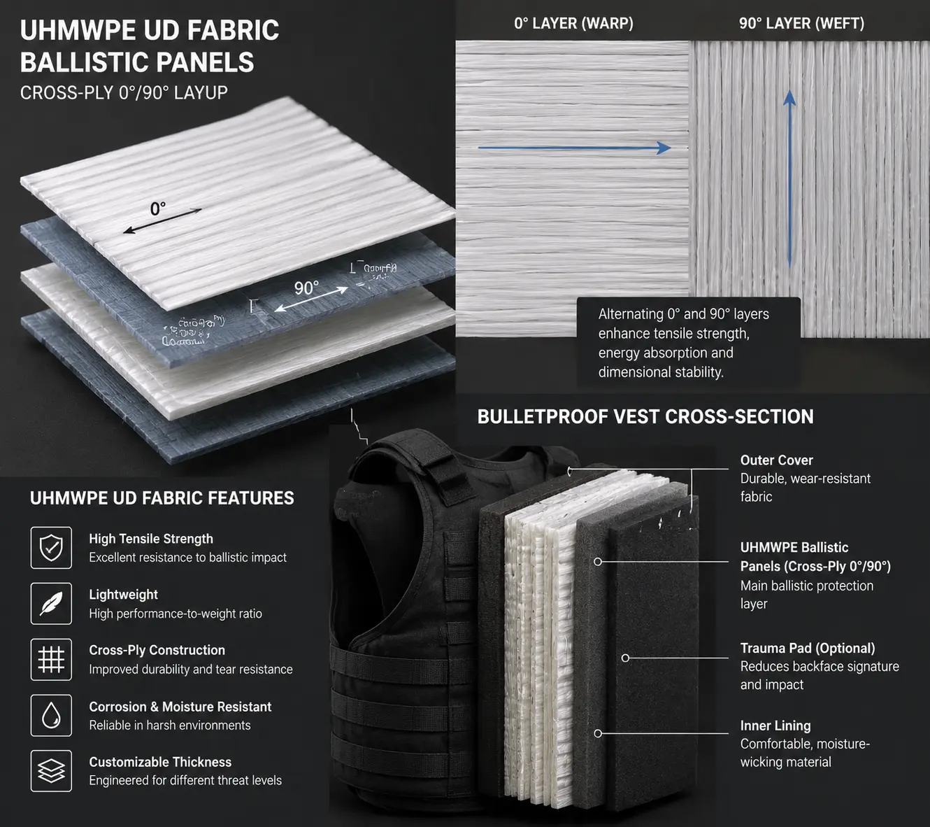 UHMWPE UD fabric ballistic panels layered for body armor, showing cross-ply 0/90 degree fiber orientation alongside a bulletproof vest cross-section.