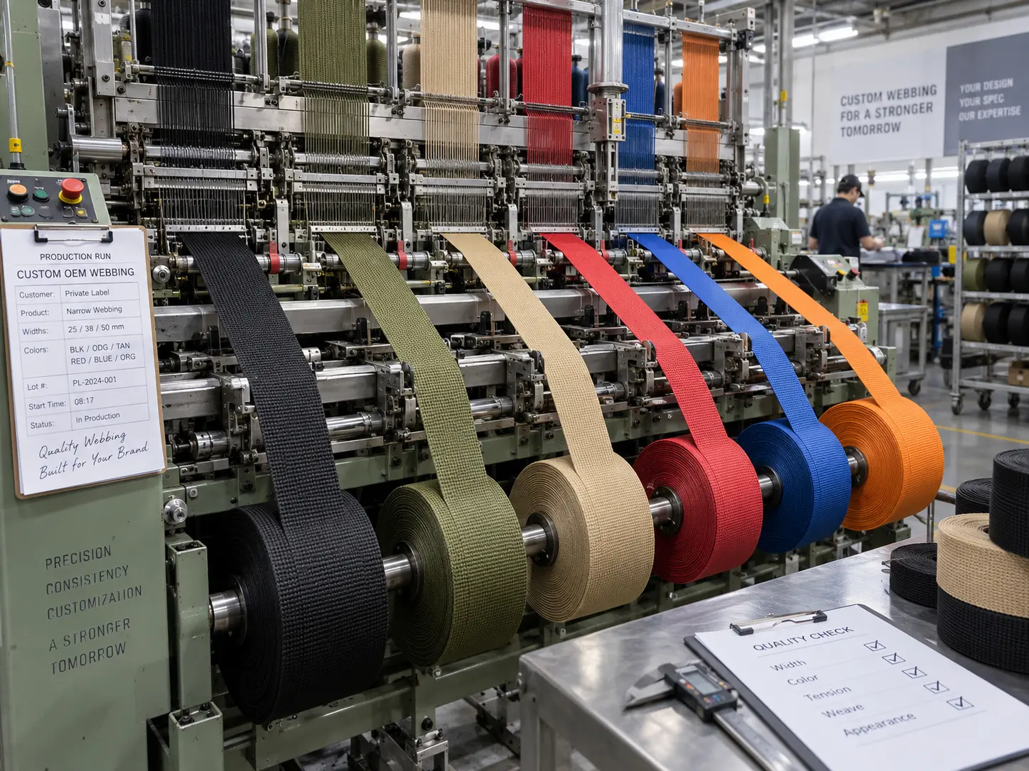 Custom OEM webbing rolls in multiple colors and widths on an industrial narrow fabric loom at a webbing factory.