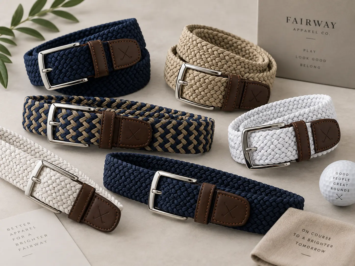 Woven and braided stretch golf belts in navy, khaki and white with leather end tabs and metal buckles.