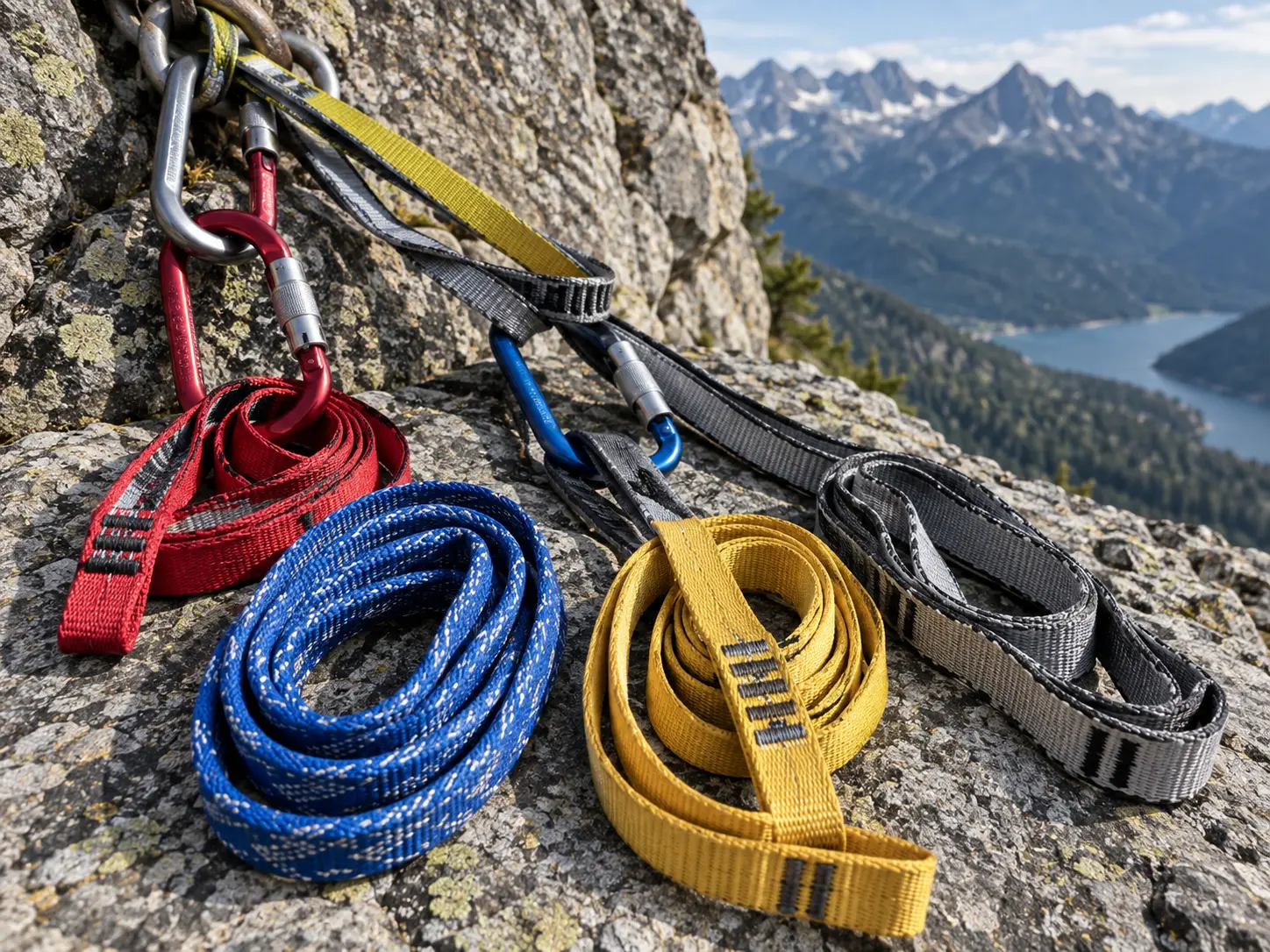 Coiled climbing slings and runners in nylon and Dyneema webbing with carabiners on a rock face.