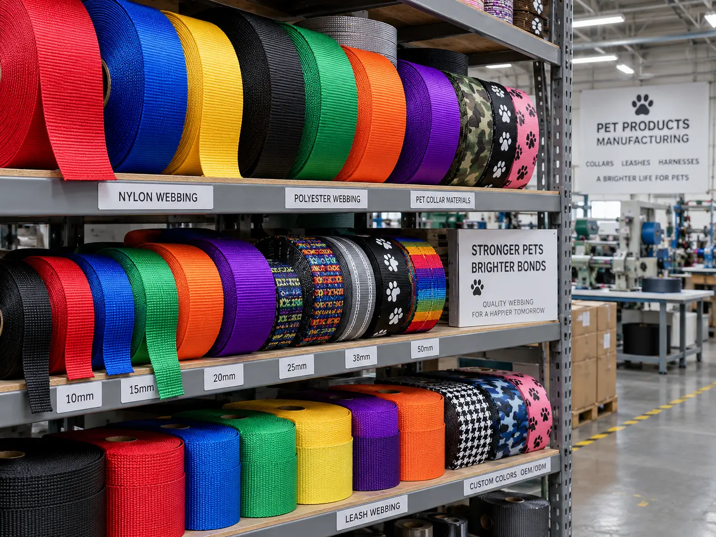 Rolls of colorful nylon and polyester webbing for dog collars in various widths on a factory shelf.