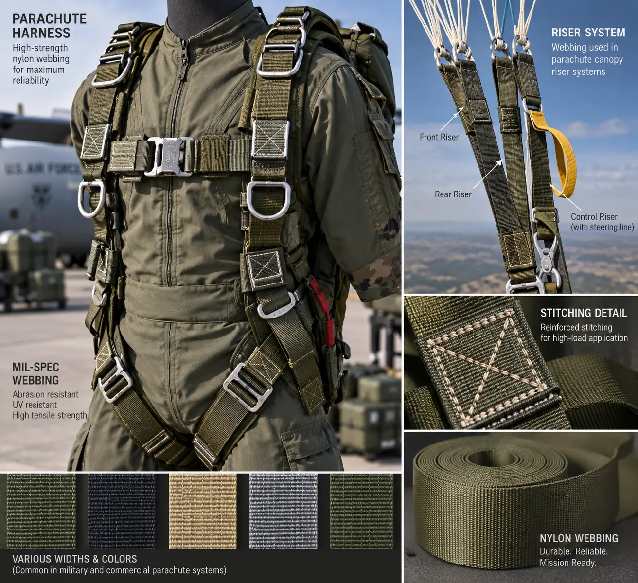 High-strength nylon parachute webbing harness and suspension straps with stitching detail.