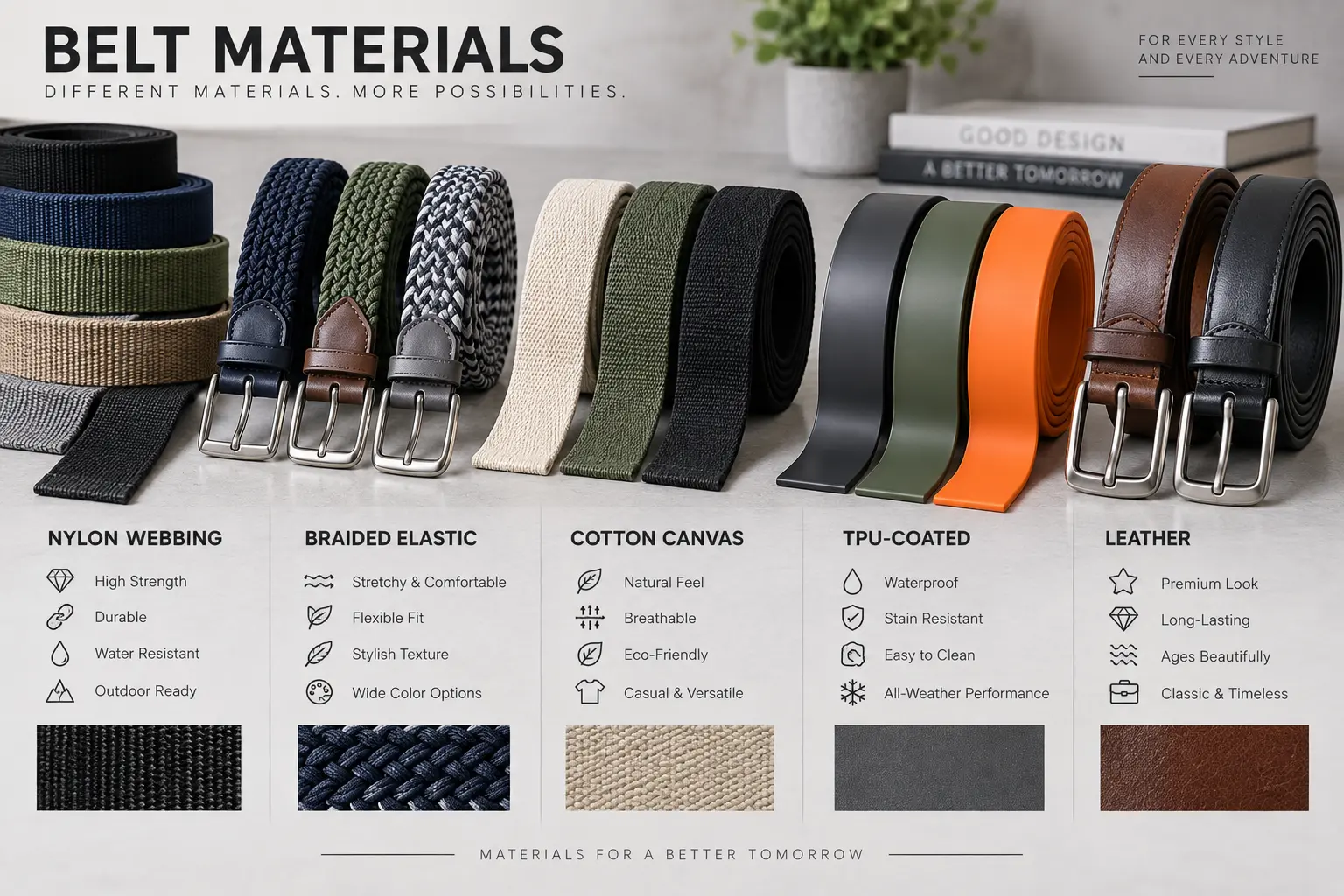 Assortment of belt material types - nylon webbing, braided elastic, cotton canvas, TPU-coated and leather straps.