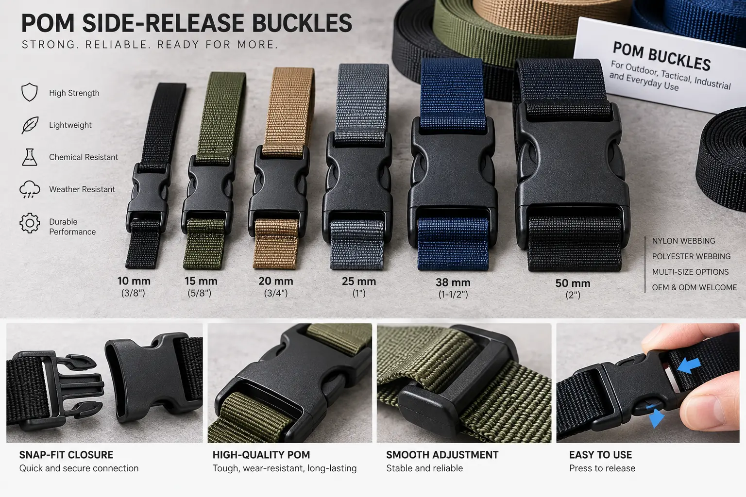 POM side-release buckles in several sizes fitted to nylon and polyester webbing straps.