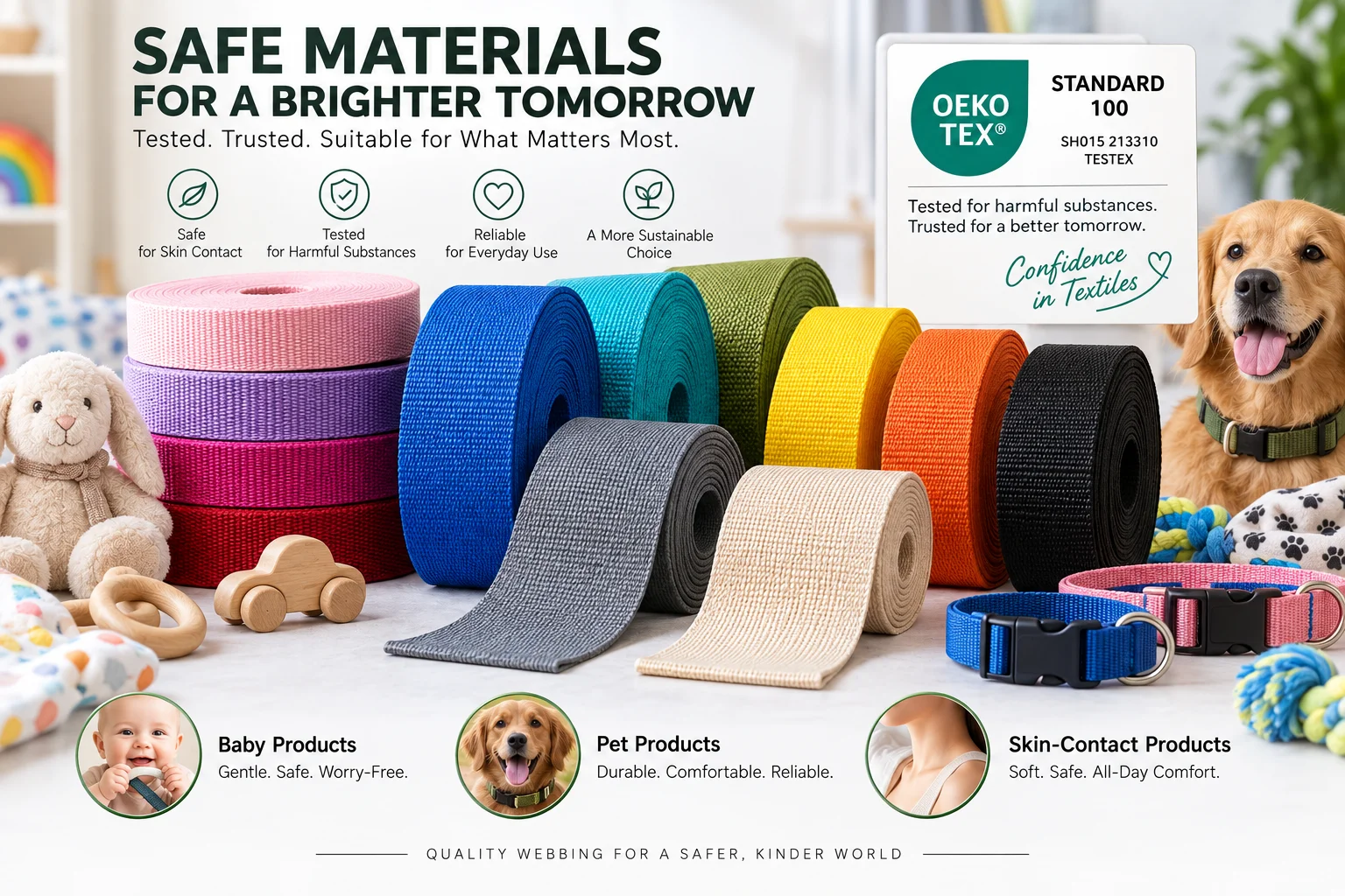 Colorful certified webbing rolls with an OEKO-TEX Standard 100 confidence label for baby, pet and skin-contact products.