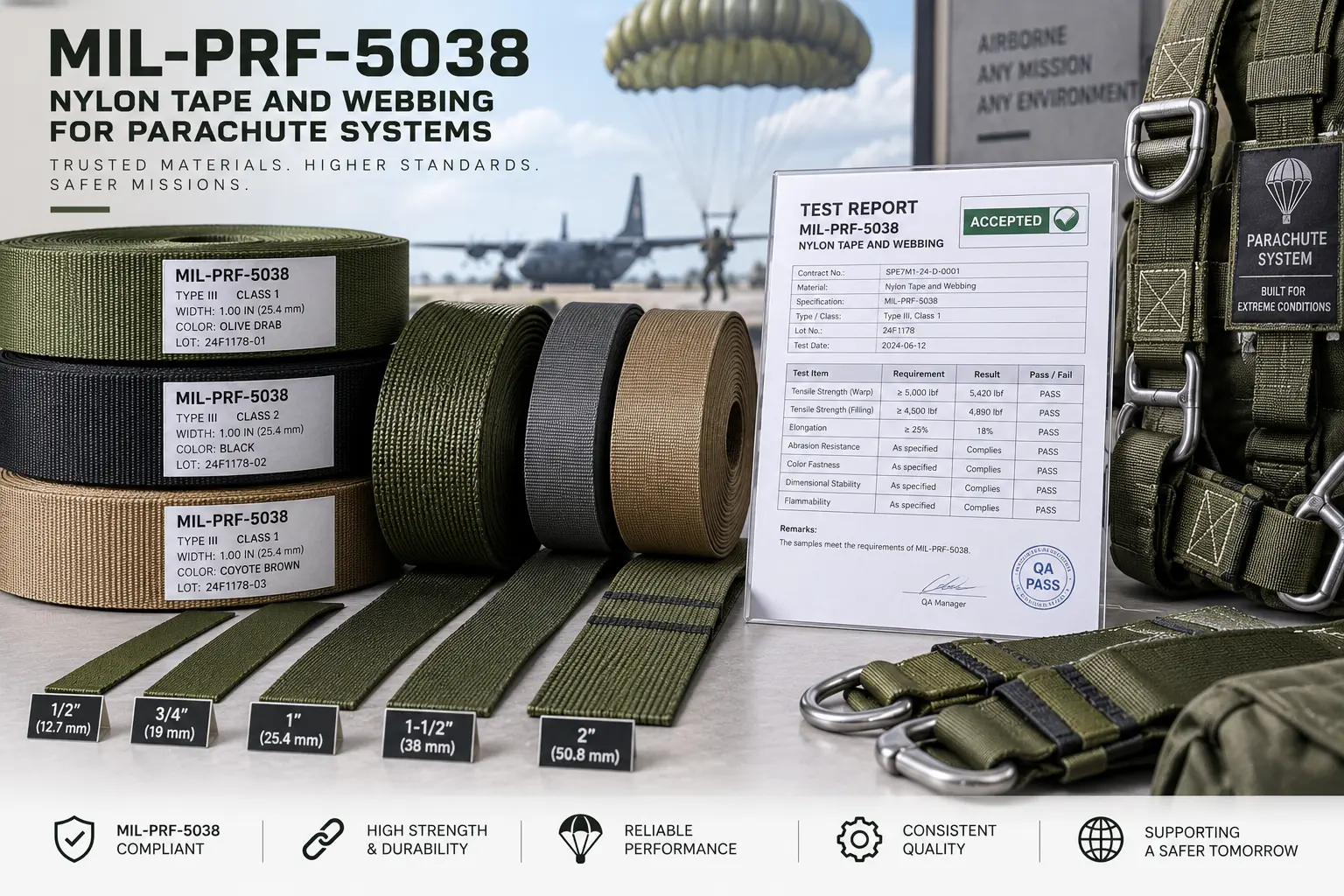 Rolls of military-specification nylon tape and webbing for parachute systems with test report documentation.