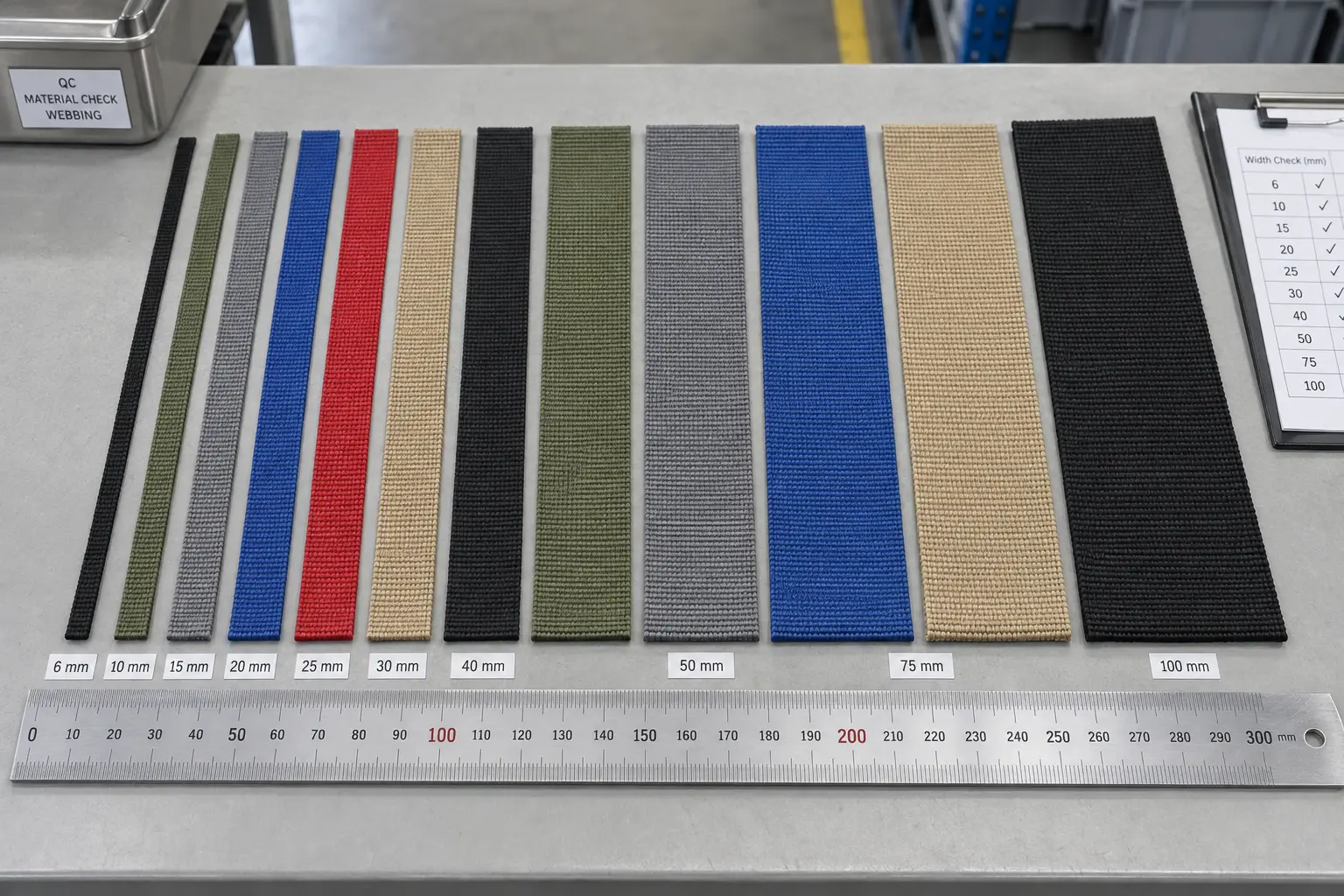 Side-by-side comparison of narrow fabric webbing in widths from 6 mm to 100 mm with a steel rule on an inspection table.