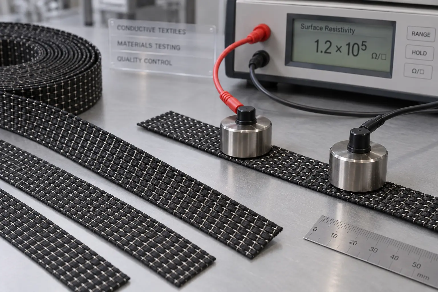 Close-up of anti-static and conductive narrow webbing showing a carbon grid pattern and stainless steel filament yarns with a surface resistivity test setup.