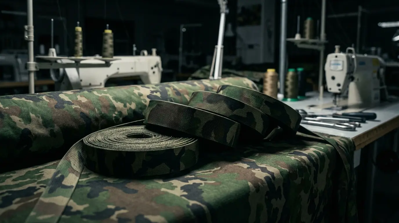 Close-up of rolls camouflage webbings on camouflage fabric